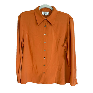 Vintage 80s Erena Office Siren Orange Point Collar Button Down Blouse Shirt 10